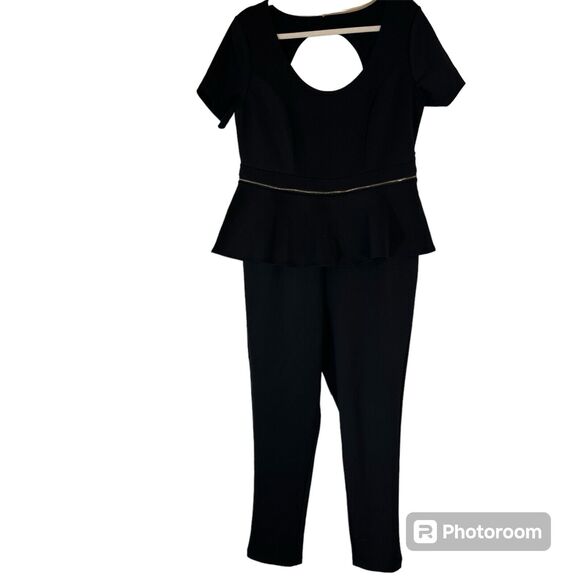 Eloquii Women’s Jumpsuit Sz 14 Black Open Back Zip Off Peplum Scuba Knit - Picture 1 of 9
